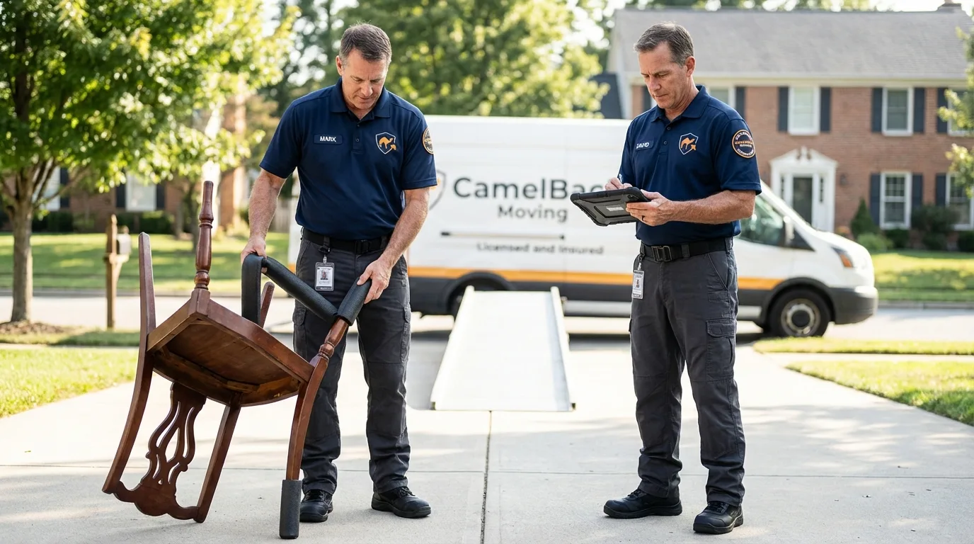 Movers inspecting furniture for damage prevention before loading in Greenville, NH