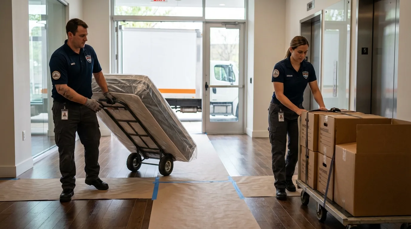 Professional apartment movers loading elevator in Greenville, NH