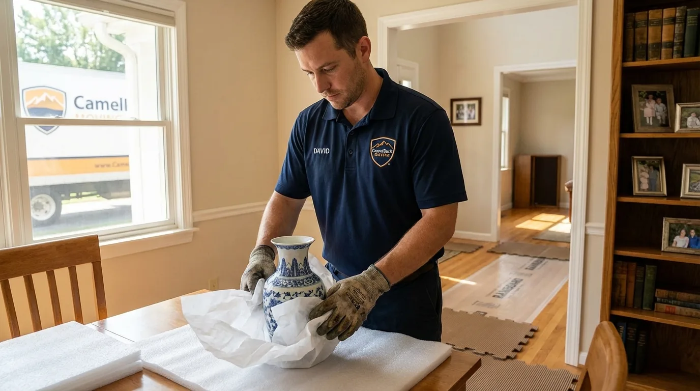 Professional crew carefully wrapping antique vase for senior downsizing move in Greenville, NH
