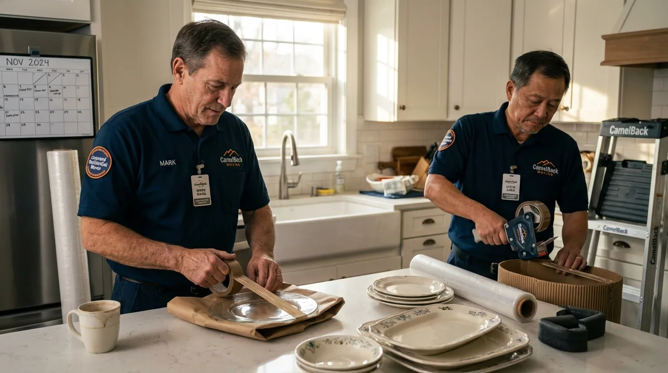 Professional crew packing kitchen dishware in Greenville, NH